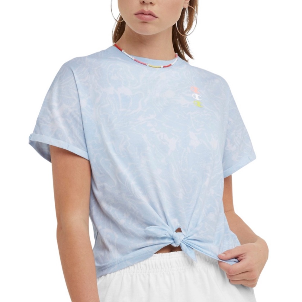 Champion Women’s Blue Marbled Printed Tie Front T-Shirt Size XL